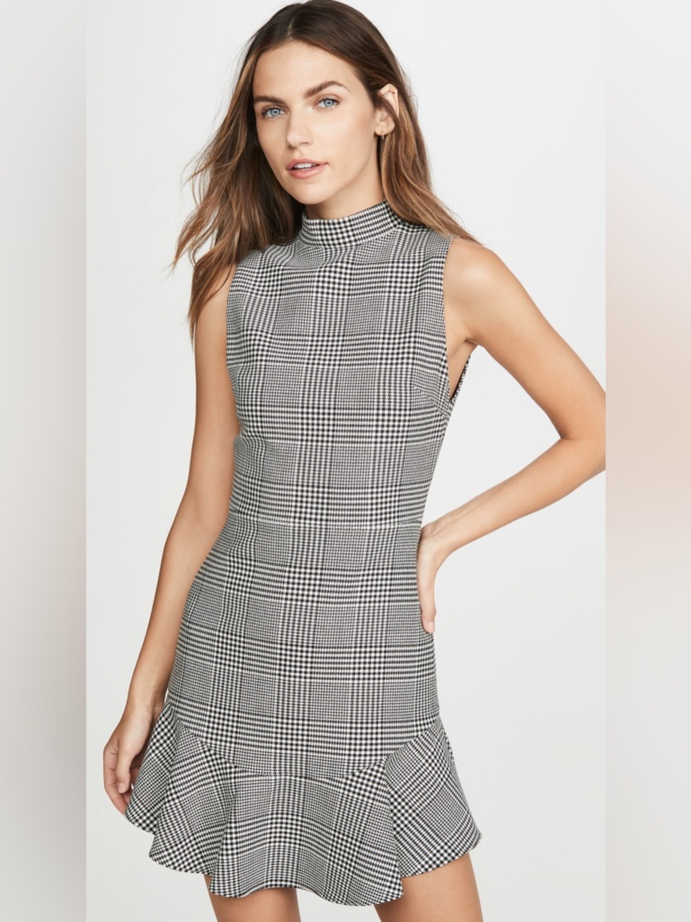 Alice + Olivia Black and White Houndstooth Sleeveless Fit-and-Flare Dress